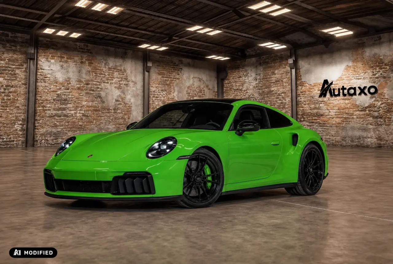 Grüner Porsche 911 im virtuellen Autaxo Showroom mit Händler-Branding