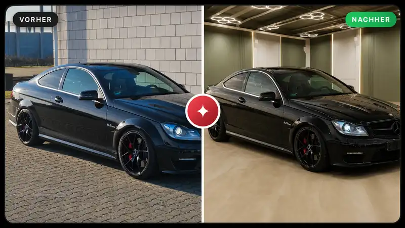 Mercedes C63: before lot photo, after Showroom image
